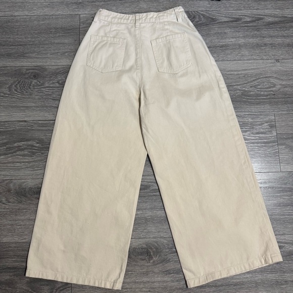 Wide-Leg Boho Women Cream Casual Pleated High Rise Pants Size M Front Pockets - Picture 6 of 11